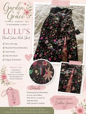 Lulu's Black Satin Midi Skirt with Pink & Green Floral Embroidery